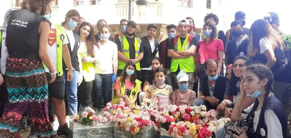 Volunteers and residents gathered in a Beirut street